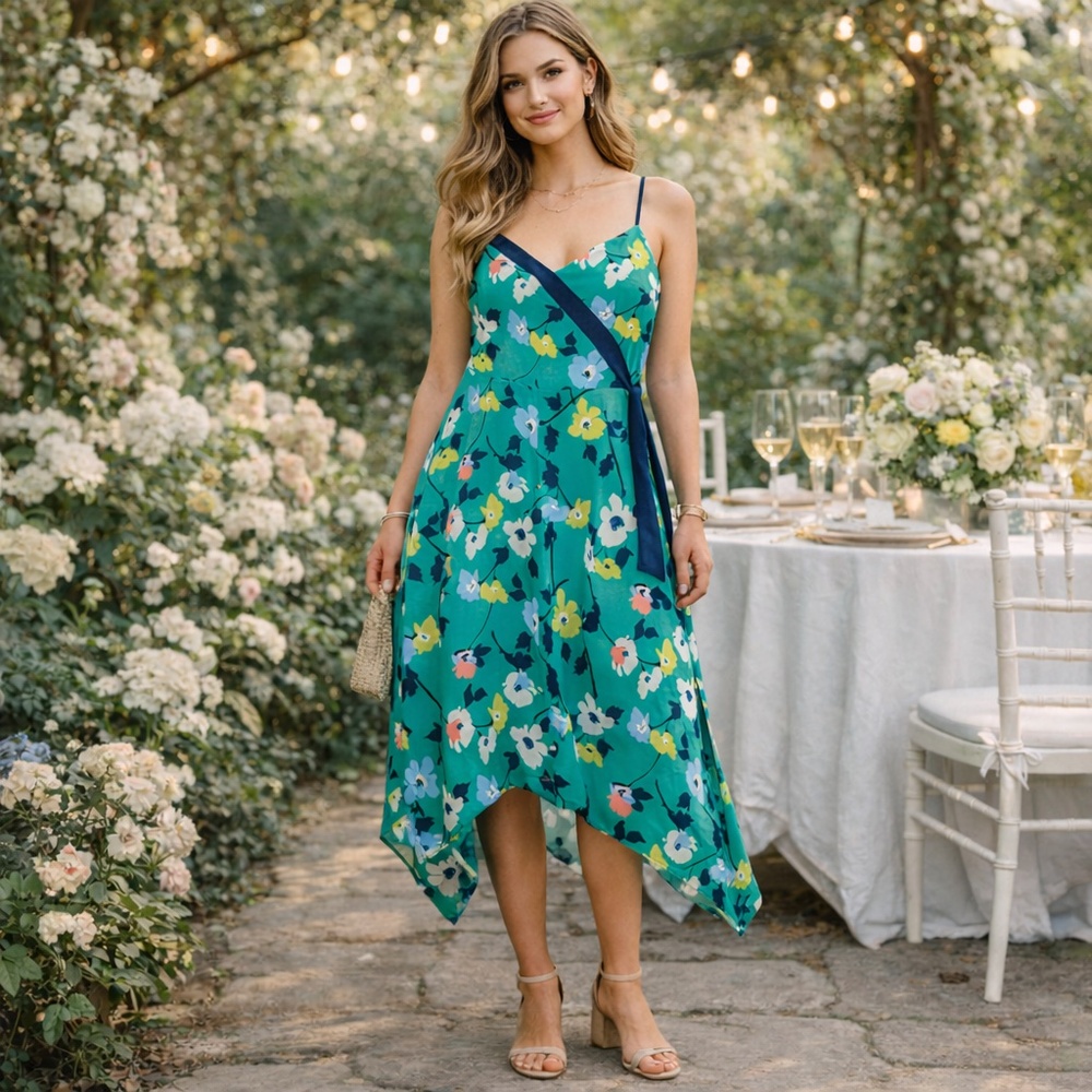 Banana‎ Republic Floral Asymmetrical Midi Dress Teal Handkerchief Hem 8